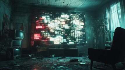 A dimly lit room with a wall of screens displaying security footage.