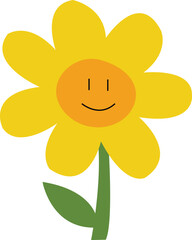 Cute hand-drawn smiling sunflower, yellow flowers