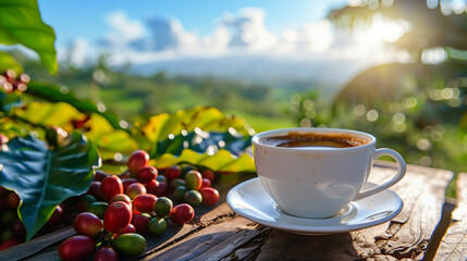 Close view of a cup of coffee on a wooden table, with a landscape view of a coffee plantation in the background.