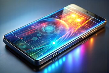 Futuristic mobile device neon display with abstract designs and innovation