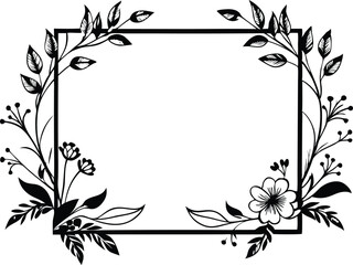 Black and White Floral Border Square Line Art Illustration on white background.