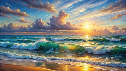 Obraz premium Nature inspired seascape painting with waves and sunlight