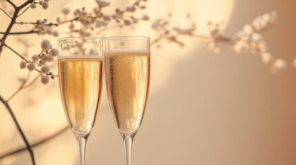 Champagne flutes with blossoming branch backdrop