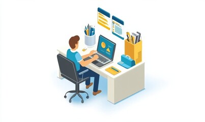 simple Isometric infographic of a businesspersonsitting at a desk, working with laptop and marketing materials.
