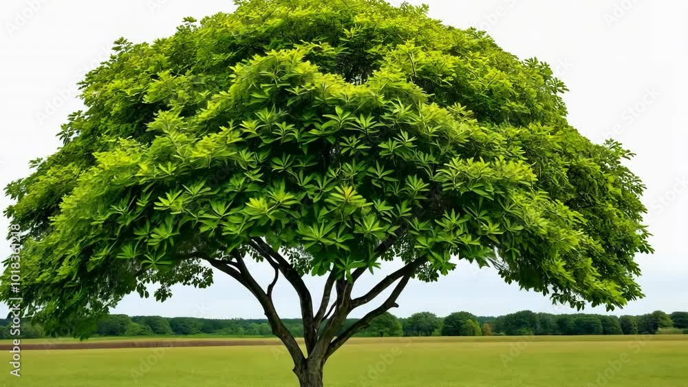 Poster a large tree with green leaves is standing in a field. the tree is the main focus of the image, and 