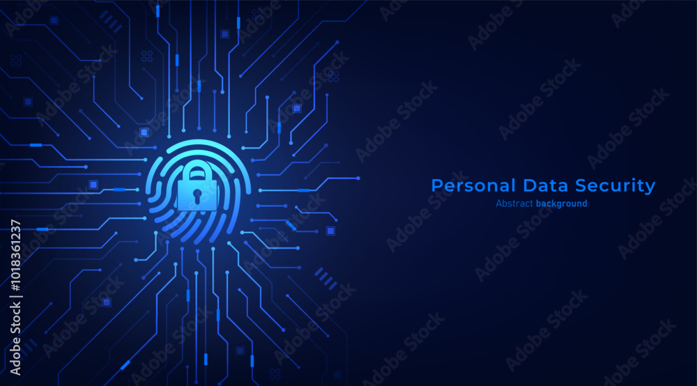 Poster Fingerprint with padlock on circuit board. Personal data and network protection technology. Cyber security technology futuristic background. Vector illustration design for banner and template.
