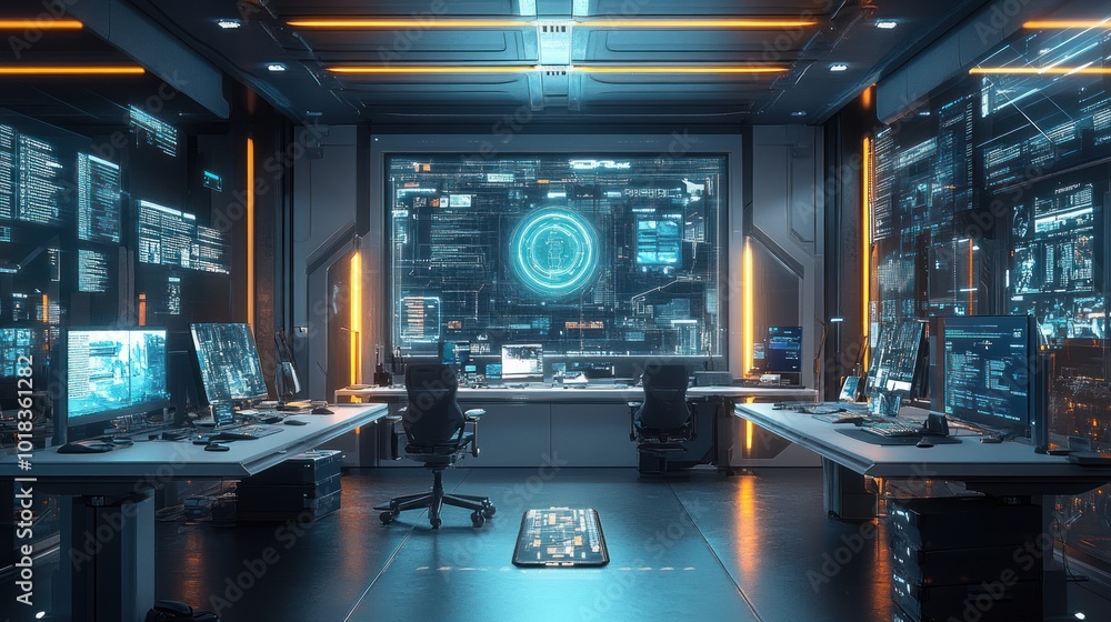 Poster a futuristic office interior with a large screen displaying data and information.