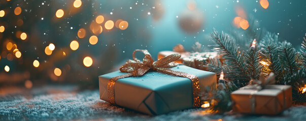 Elegant Christmas gifts with gold ribbons under a festive tree