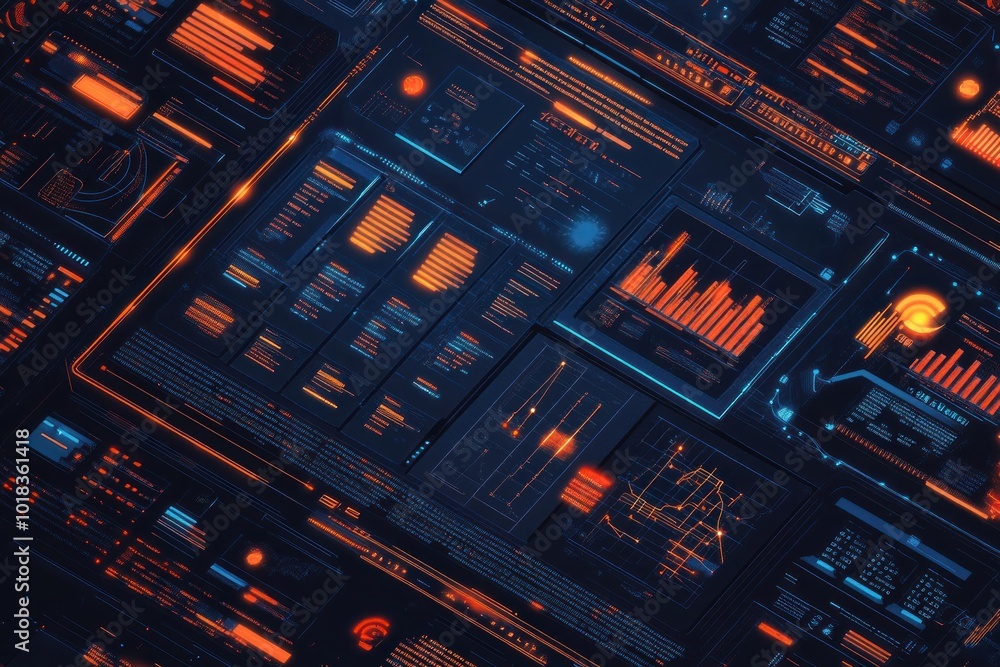 Poster abstract futuristic hud interface with glowing neon lines and graphs.