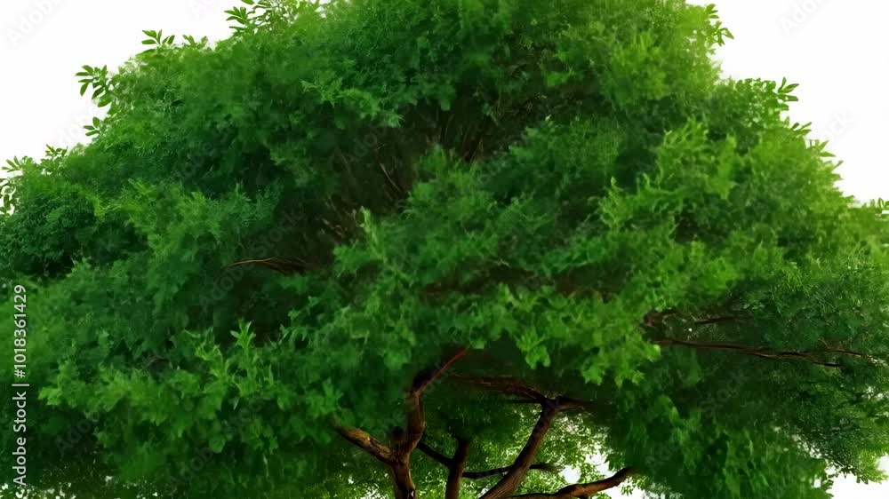 Poster a large tree with green leaves is standing alone on a white background. the tree is the main focus o