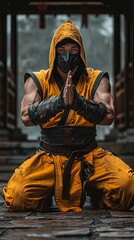 Fototapeta premium Masked Martial Artist Kneeling in Meditation