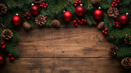 Rustic Wooden Background with Evergreen Garland and Red Christmas Ornaments