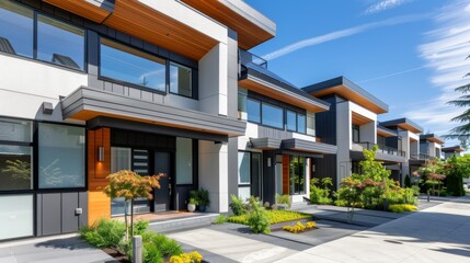 Fototapeta premium Modern Townhouses: A row of contemporary townhouses with gray roofs and white walls under bright sunlight