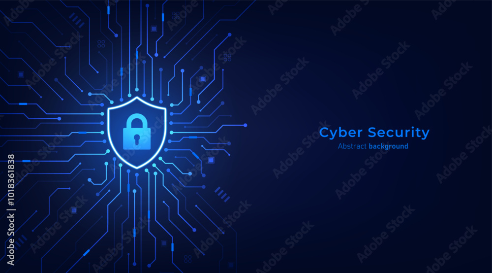 Poster Shield on circuit board. Secure system and network protection technology concept. Cyber security technology futuristic background. Vector illustration design for banner and template.