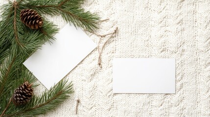 Obraz premium Two blank business cards rest on a knitted sweater adorned with pine branches and bright berries, creating a warm winter ambiance perfect for showcasing design