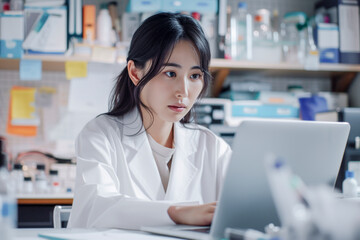 Focused Female Scientist Working on Laptop in a Busy Research Laboratory