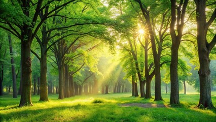 Fototapeta premium Nature trekking in a forest with green trees, soft sunlight, and shade from a high angle.