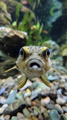Pufferfish Swimming in Rocky Aquatic Habitat