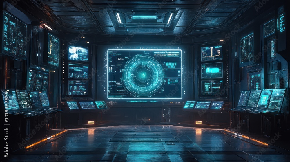 Poster Futuristic control room with numerous screens displaying data and information.