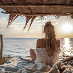 Woman gazing at a tranquil ocean sunrise from a rustic beach shelter