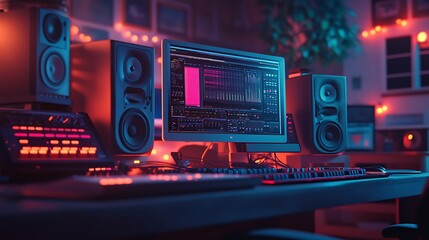 Illustration computer sound combination realistic image with a sound system