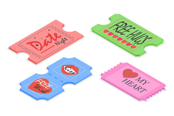 3D Isometric Flat  Set of Love Coupons, Retro Vintage Tickets