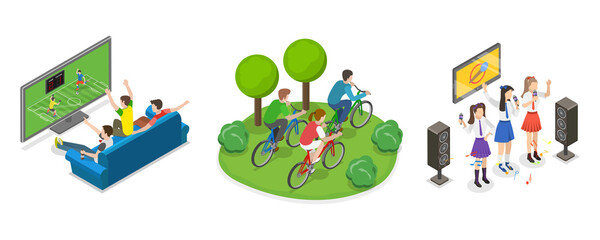 Naklejka premium 3D Isometric Flat Illustration of Friends Time Together, Having Fun at Office Party