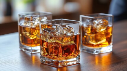 Three glasses of amber liquid filled with ice cubes, sitting on a wooden surface, catching the light