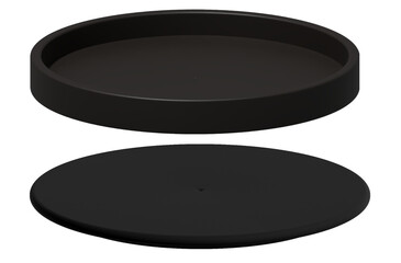 Set. Round pedestal and black plate on empty background