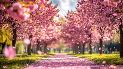 Naklejka premium A breathtaking view of sakura trees in full bloom with pink petals falling gently, set against a clear blue sky in a tranquil park during springtime