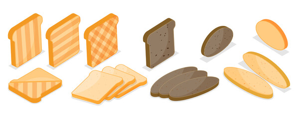 3D Isometric Flat  Set of Breakfast Toasted Bread, Baked Bread Products