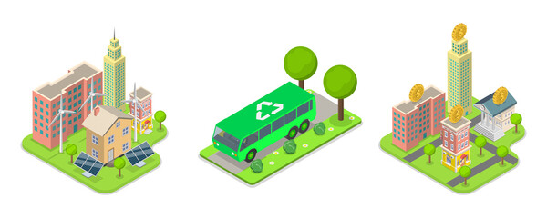 3D Isometric Flat  Illustration of Energy Efficiency, Essential Elements of Green City