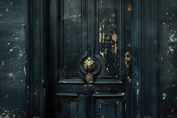 Mystery black door. Ornate gold door handle. copy space