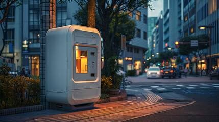 Futuristic white booth or kiosk for sending and receiving parcels on street of a city, post of new generation