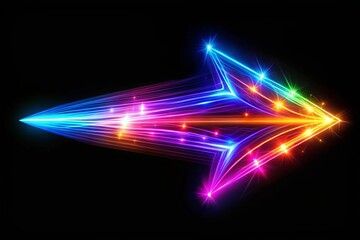 A colorful arrow made of glowing light beams, pointing right at the center on a black background he arrow forms an elegant and dynamic shape with a sense of motion and speed