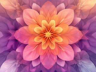 Obraz premium Vibrant Abstract Floral Mandala with Symmetrical Petals in Warm Tones of Orange, Pink, and Purple for Meditation and Relaxation