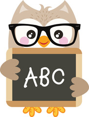 Owl teacher holding a school blackboard with abc written