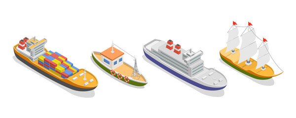 3D Isometric Flat  Set of Maritime Ships, Water Transportation Boats