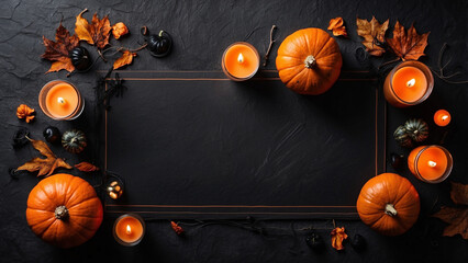 Happy halloween banner template. Flat lay composition with pumpkin and candles on black background.