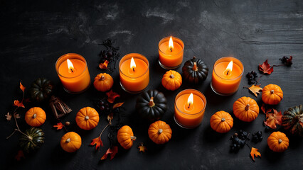 Happy halloween banner template. Flat lay composition with pumpkin and candles on black background.
