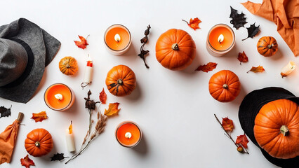 Happy halloween banner template. Flat lay composition with pumpkin and candles on white background.