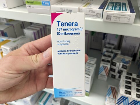 Prague,Czech Republic-October 9 2024:TENERA by STADA contains AZELASTINE and FLUTICASONE and is used to treat allergic rhinitis by reducing nasal inflammation and relieving allergy symptoms.