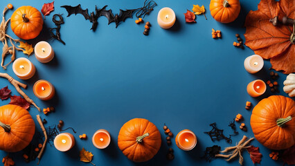 Happy halloween banner template. Flat lay composition with pumpkin and candles on blue background.