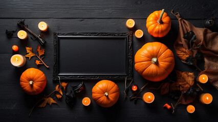 Happy halloween banner template. Flat lay composition with pumpkin and candles on black background.