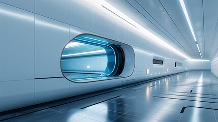 Futuristic sleek white interior with a window and modern design. Innovative space station or building