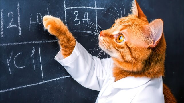 A clever cat in a lab coat enthusiastically teaching math on a blackboard.