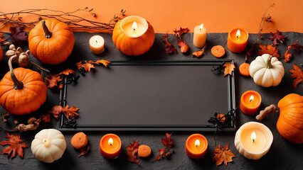 Happy halloween banner template. Flat lay composition with pumpkin and candles on orange background.