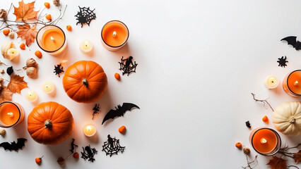 Happy halloween banner template. Flat lay composition with pumpkin and candles on white background.