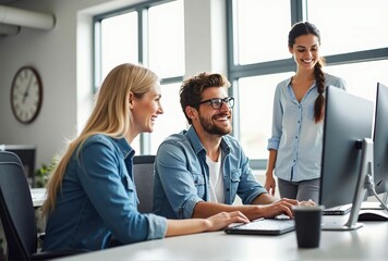 Obraz premium Collaboration and Smiling Business Team in the Office - A Fun and Productive Workplace Environment