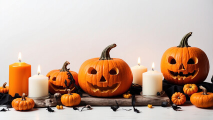Happy halloween banner template. Flat lay composition with pumpkin and candles on white background.